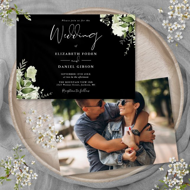 Black And White Greenery Floral Photo Wedding  Invitation (Black And White Greenery Floral Photo Wedding Invitation)