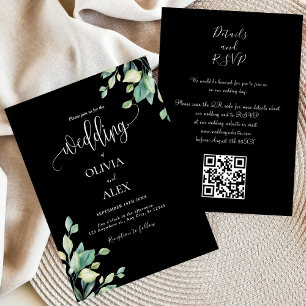 Black And White Greenery Floral QR Code Wedding  Invitation