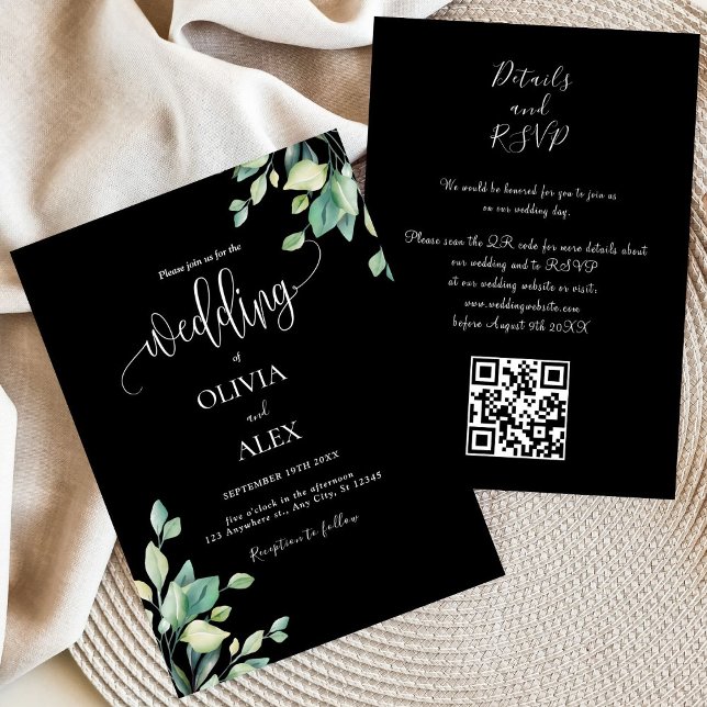 Black And White Greenery Floral QR Code Wedding  Invitation (Creator Uploaded)