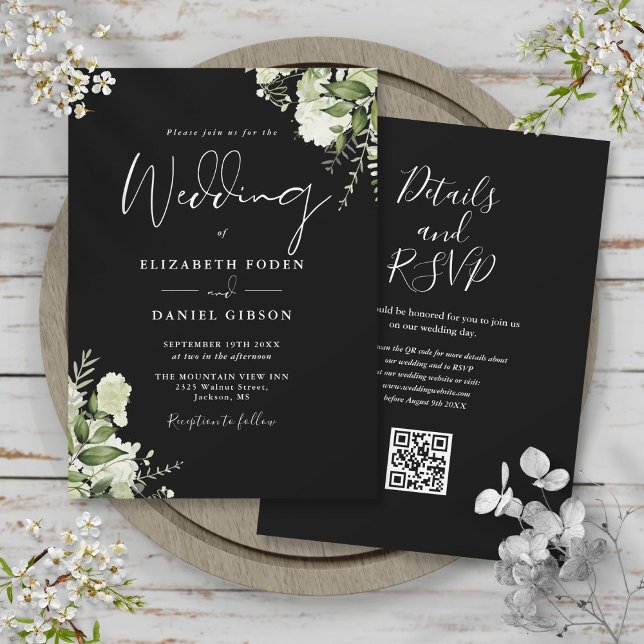 Black And White Greenery Floral QR Code Wedding Invitation (Black And White Greenery Floral QR Code Wedding Invitation)