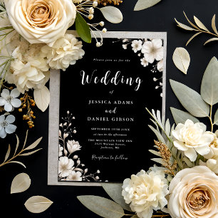 Black And White Greenery Floral QR Code Wedding Invitation