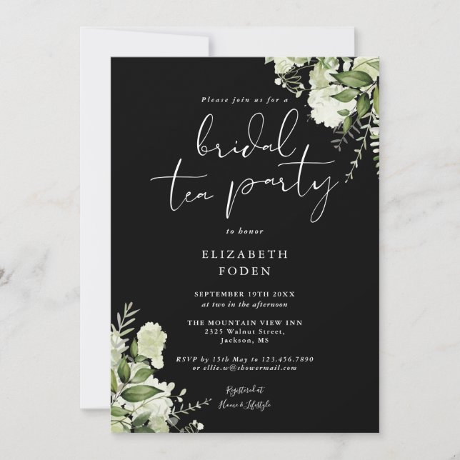 Black And White Greenery Monogram Bridal Tea Party Invitation (Front)