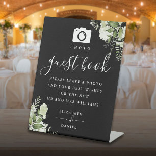 Black And White Greenery Photo Guest Book Wedding Pedestal Sign