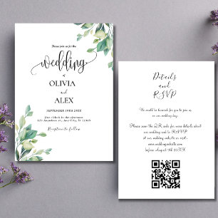 Black And White Greenery QR Code Wedding  Invitation