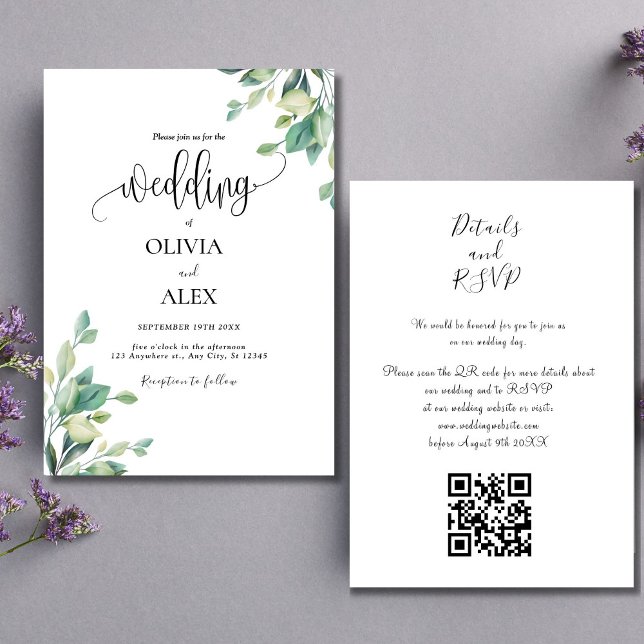 Black And White Greenery QR Code Wedding  Invitation (Creator Uploaded)