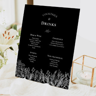 Black and White Greenery Wedding Drinks Menu Pedestal Sign