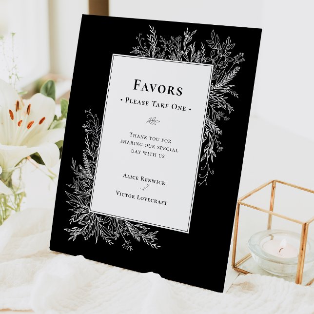 Black and White Greenery Wedding Favours Pedestal Sign (Creator Uploaded)