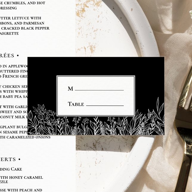 Black and White Greenery Wedding Flat Place Card (Creator Uploaded)