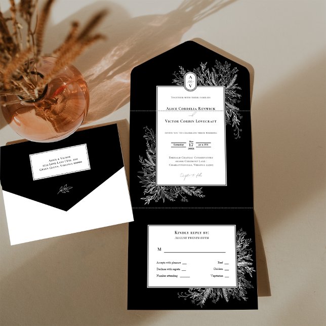 Black and White Greenery Wedding Monogram All In One Invitation (Creator Uploaded)