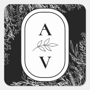 Black and White Greenery Wedding Monogram Square Sticker