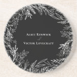 Black and White Greenery Wedding Sandstone Coaster<br><div class="desc">This Black and White Greenery Wedding Sandstone Coaster design offers a classic combination of simple minimalist typography with a neutral black and white colour story and chic line art greenery. The moody leaf silhouette embellishments are artfully arranged to create a beautiful flowing shape that sets off the polished geometric elements,...</div>