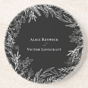 Black and White Greenery Wedding Sandstone Coaster