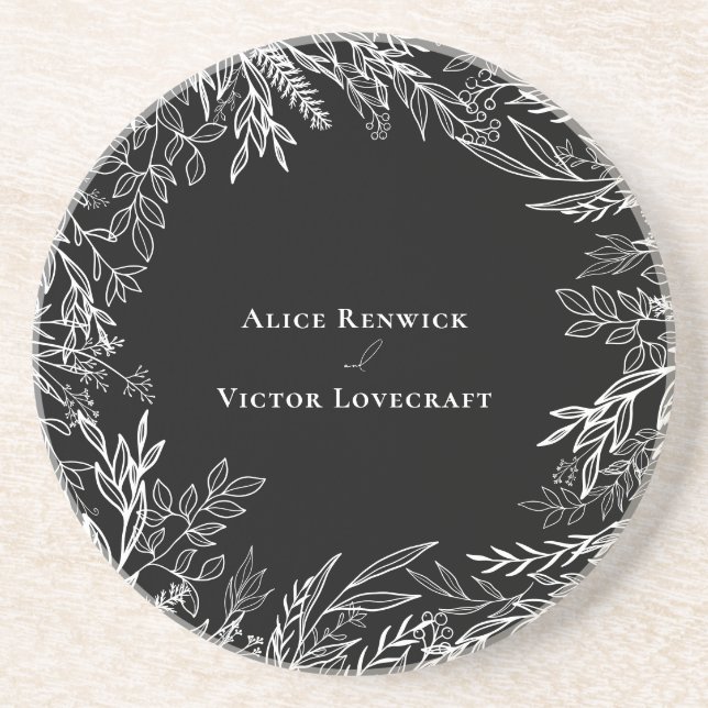 Black and White Greenery Wedding Sandstone Coaster (Front)