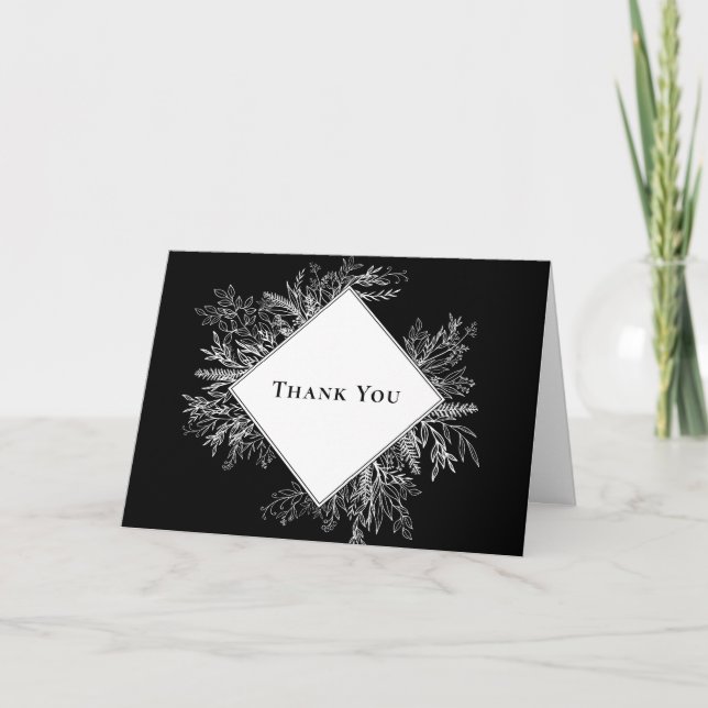 Black and White Greenery Wedding Thank You Card (Front)