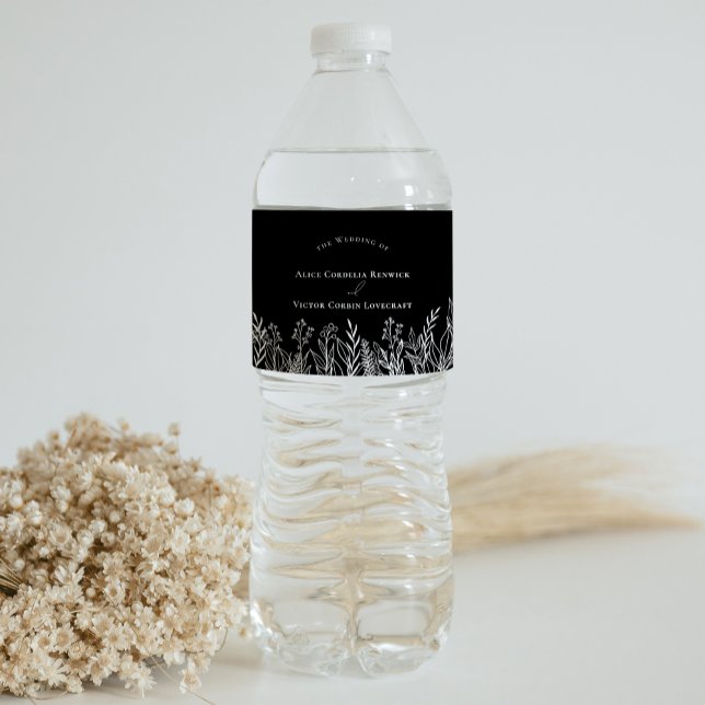 Black and White Greenery Wedding Water Bottle Label (Creator Uploaded)
