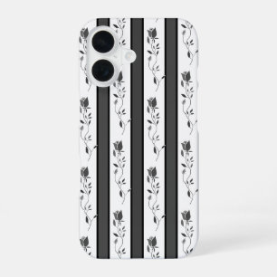 Black and white grey vintage striped with roses iPhone 16 case