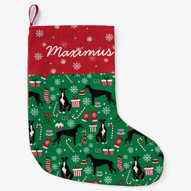 Black and White greyhound custom dog name Small Christmas Stocking (Front)