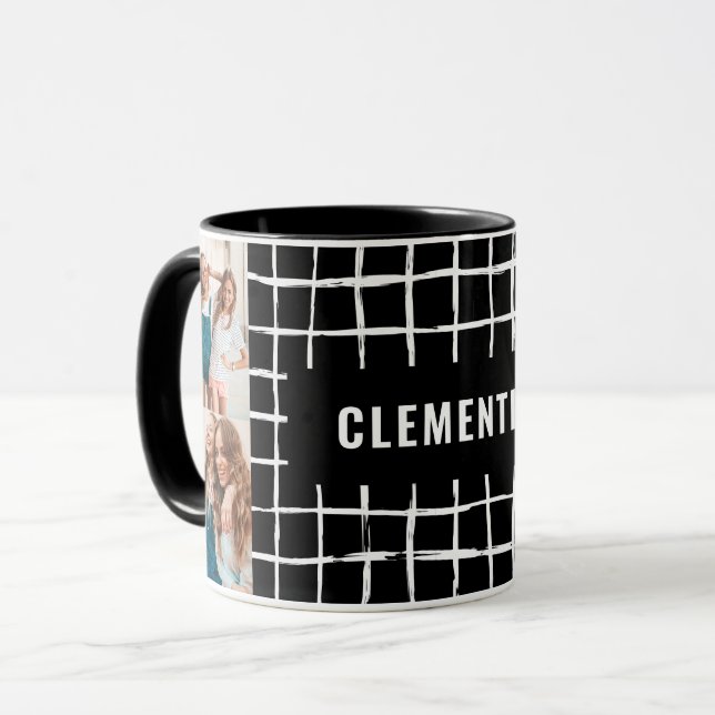 Black and white grid 4 photo modern minimal simple mug (Front Left)