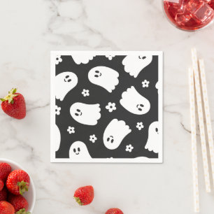 Black and White Groovy Ghost and Flowers Napkin