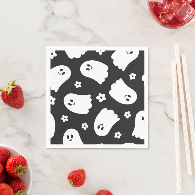 Black and White Groovy Ghost and Flowers Napkin (Insitu)