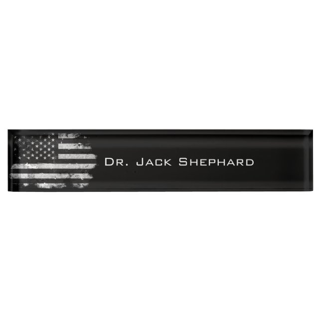 Black and White Grunge American Flag Nameplate (Front)