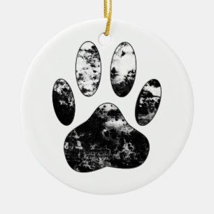 Black and White Grunge Dog Paw Print Ceramic Tree Decoration