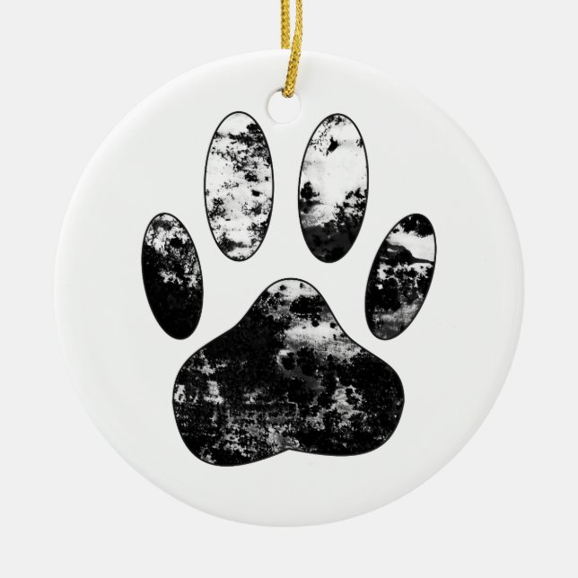 Black and White Grunge Dog Paw Print Ceramic Tree Decoration (Front)