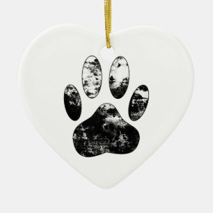 Black and White Grunge Dog Paw Print Ceramic Tree Decoration