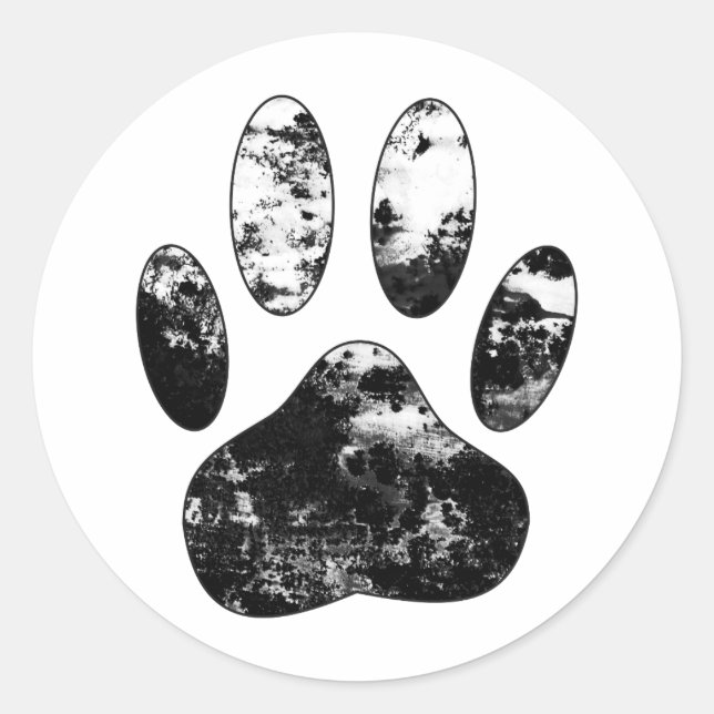 Black and White Grunge Dog Paw Print Classic Round Sticker (Front)