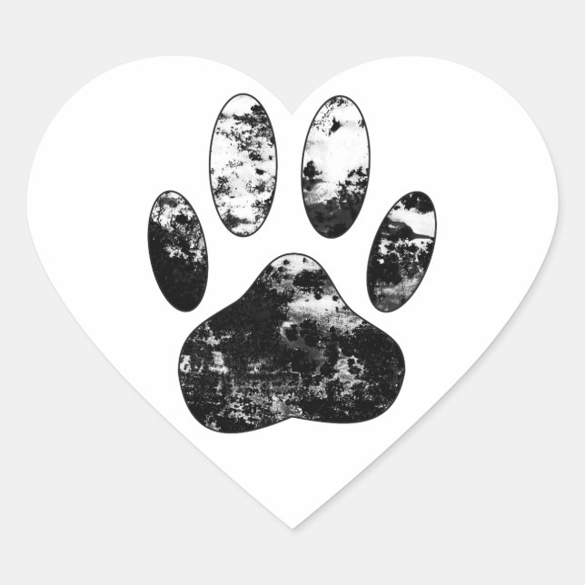 Black and White Grunge Dog Paw Print Heart Sticker (Front)