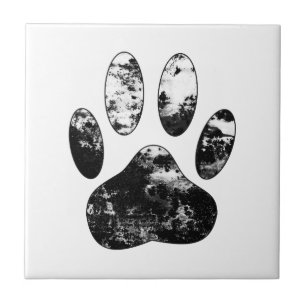Black and White Grunge Dog Paw Print Tile