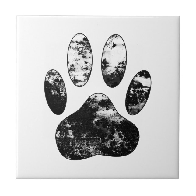 Black and White Grunge Dog Paw Print Tile (Front)