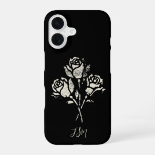 Black and White Grunge Stamp Roses Initials iPhone 16 Case