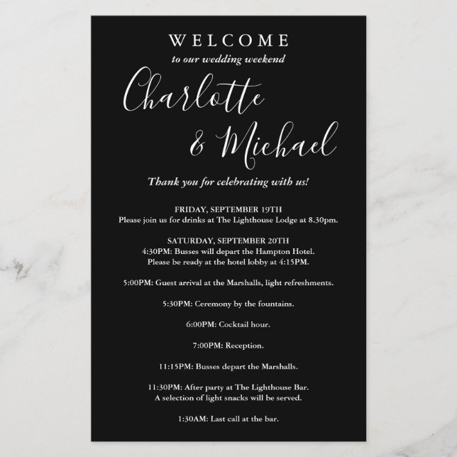 Black And White Guest Wedding Weekend Program (Front)