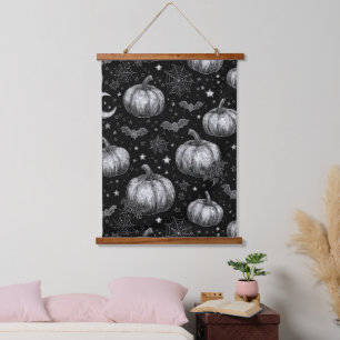 Black and White Halloween Pumpkin, Bat, Spiderweb Hanging Tapestry