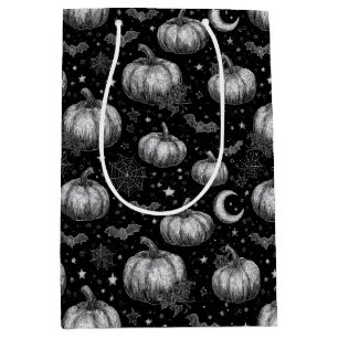 Black and White Halloween Pumpkin, Bat, Spiderweb Medium Gift Bag