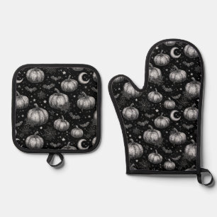 Black and White Halloween Pumpkin, Bat, Spiderweb Oven Mitt & Pot Holder Set