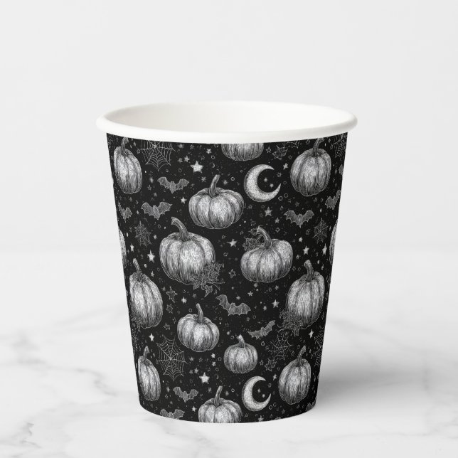 Black and White Halloween Pumpkin, Bat, Spiderweb Paper Cups (Front)