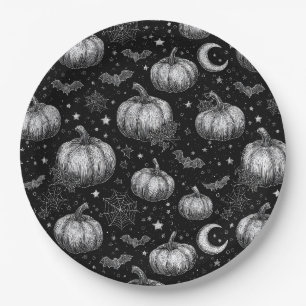 Black and White Halloween Pumpkin, Bat, Spiderweb Paper Plate