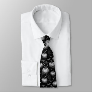Black and White Halloween Pumpkin, Bat, Spiderweb Tie