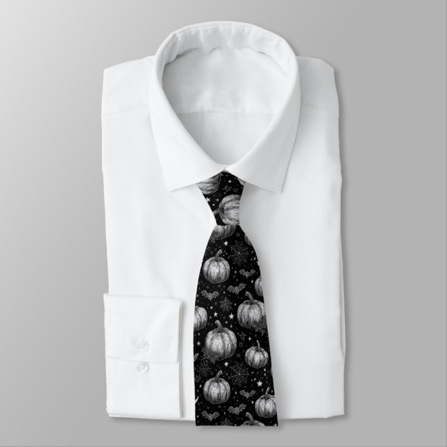 Black and White Halloween Pumpkin, Bat, Spiderweb Tie (Tied)