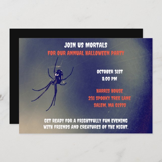 Black and White  Halloween Scary Black Spider  Invitation (Front/Back)