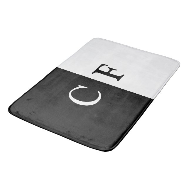 Black and white halves custom initials bath mat (Angled)