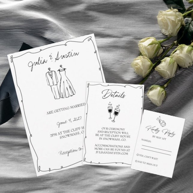 Black and White Hand Drawn Bride and Groom Wedding Invitation (Creator Uploaded)