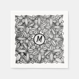 Black-and-White Hand-Drawn Doodle with Monogram Napkin