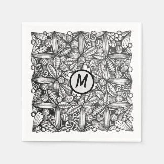 Black-and-White Hand-Drawn Doodle with Monogram Napkin