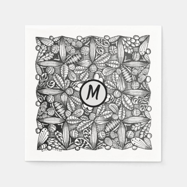 Black-and-White Hand-Drawn Doodle with Monogram Napkin (Front)