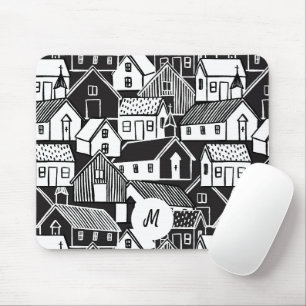 Black And White Hand Drawn Houses Monogram Mouse Pad
