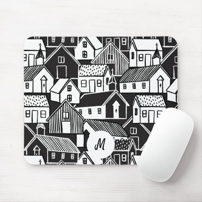 Black And White Hand Drawn Houses Monogram Mouse Pad (With Mouse)