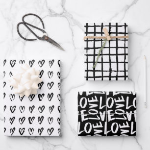 Black and White Hand Drawn Modern Hearts Love Wrapping Paper Sheet